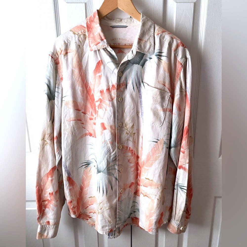 Tommy Bahama Relax Muted Botanical Print 100%‎ Linen Beachy Button Up Shirt L